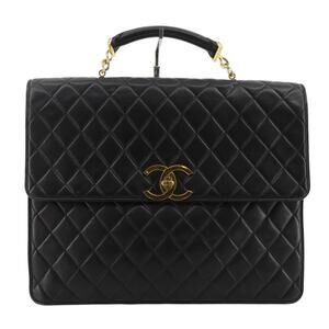 Chanel Vintage Briefcase Bag XL Lambskin Quilted Leather CC Tote Black/Gold 24K